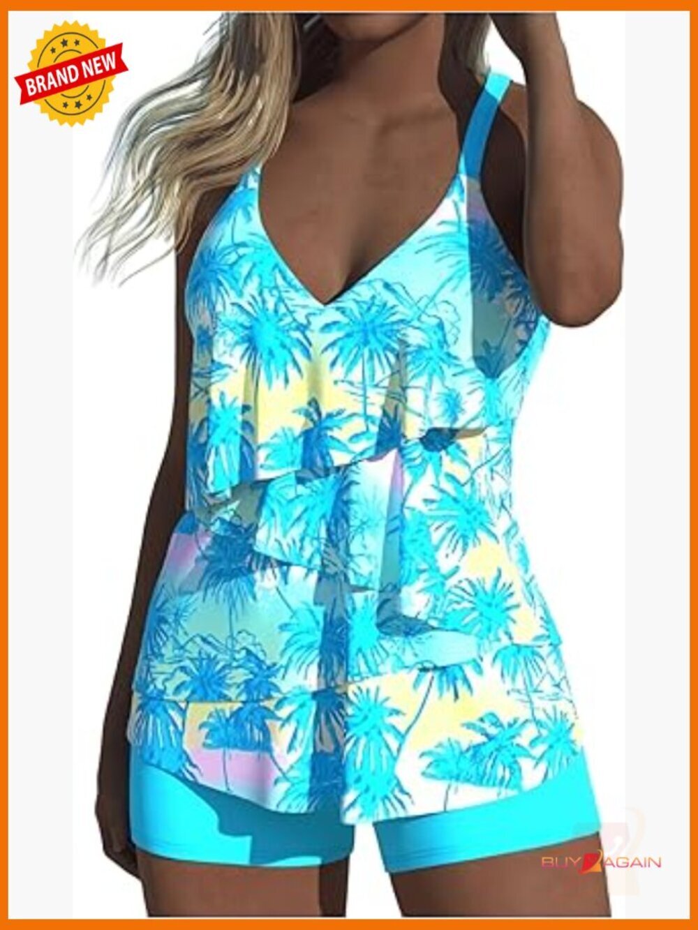 Tropical Tankini Set with Layered Ruffle Top and High Waist Shorts